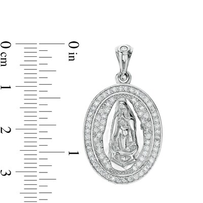 Cubic Zirconia Frame Our Lady of Guadalupe Solid Oval Necklace Charm in Sterling Silver