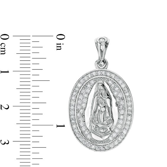 Cubic Zirconia Frame Our Lady of Guadalupe Solid Oval Necklace Charm in Sterling Silver
