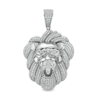Cubic Zirconia Roaring Lion Head Solid Necklace Charm in Sterling Silver