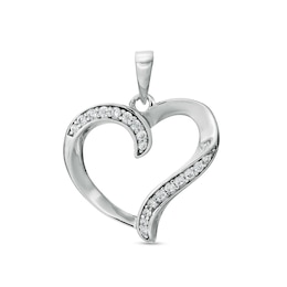 Cubic Zirconia Ribbon Heart Outline Solid Necklace Charm in Solid Sterling Silver