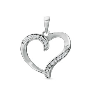 Cubic Zirconia Ribbon Heart Outline Solid Necklace Charm in Solid Sterling Silver