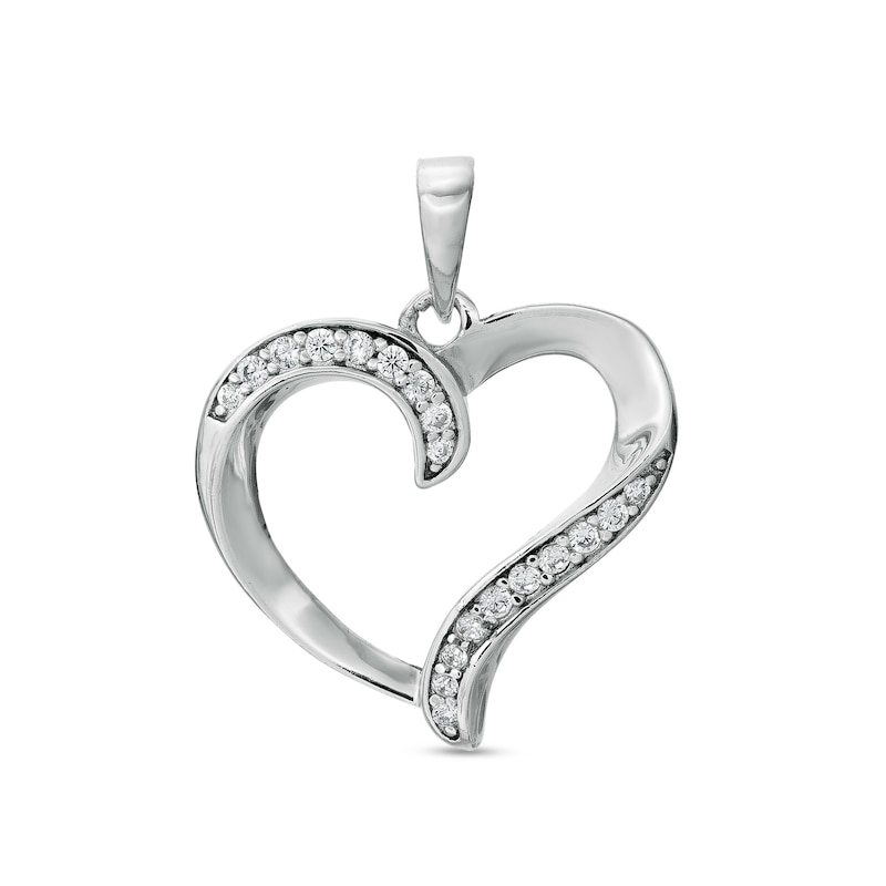 Cubic Zirconia Ribbon Heart Outline Solid Necklace Charm in Solid Sterling Silver