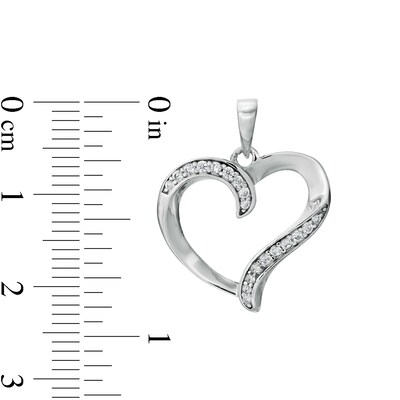 Cubic Zirconia Ribbon Heart Outline Solid Necklace Charm in Solid Sterling Silver
