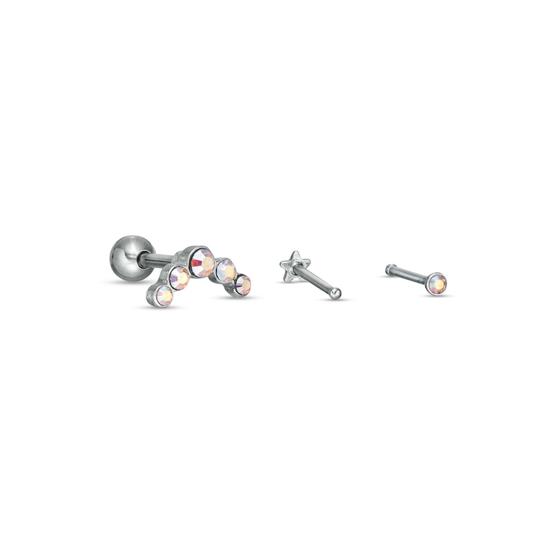 018 Gauge Iridescent Crystal Curved Arch, Solitaire and Star Cartilage Barbell Set in Stainless Steel and Brass - 5/16"