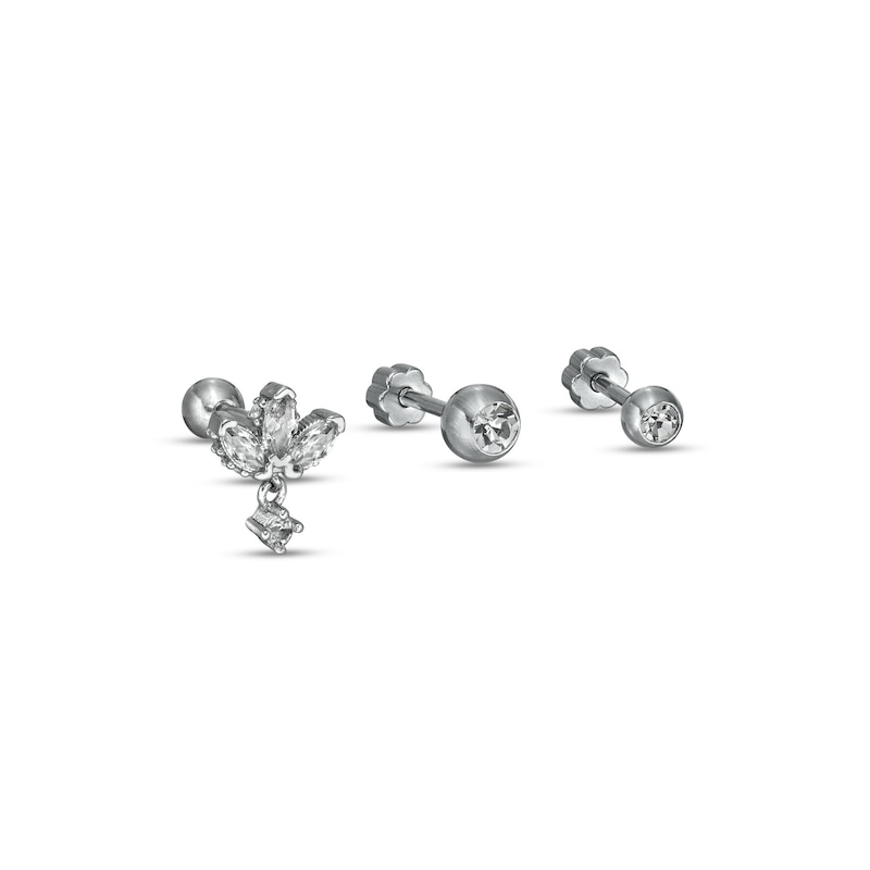 016 Gauge Cubic Zirconia Tri-Leaf with Dangle and Solitaire Cartilage Barbell Set in Stainless Steel and Brass - 5/16"