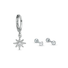 018 Gauge Cubic Zirconia Star, Solitaire and Ball Cartilage Barbell and Hoop Set in Stainless Steel and Brass - 5/16&quot;