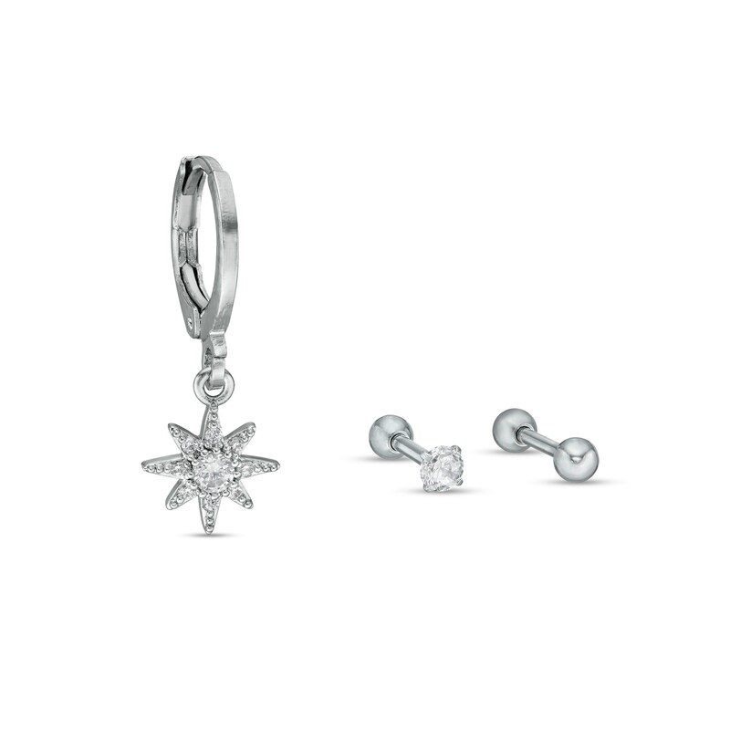 Stainless Steel and Brass CZ Star, Solitaire and Ball Stud and Hoop Set - 18G 5/16"