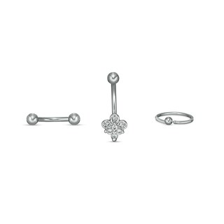 Stainless Steel and Brass CZ Tri-Top and Ball Curved Barbell and Captive Bead Ring Set - 18G 5/16"