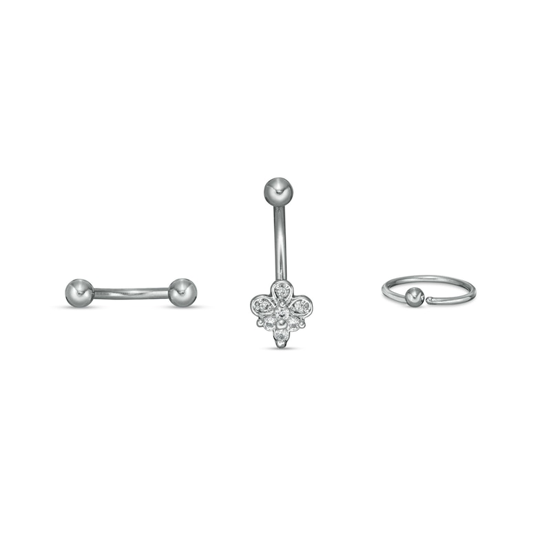 018 Gauge Cubic Zirconia Tri-Top and Ball Curved Barbell and Captive Bead Ring Set in Stainless Steel and Brass - 5/16"