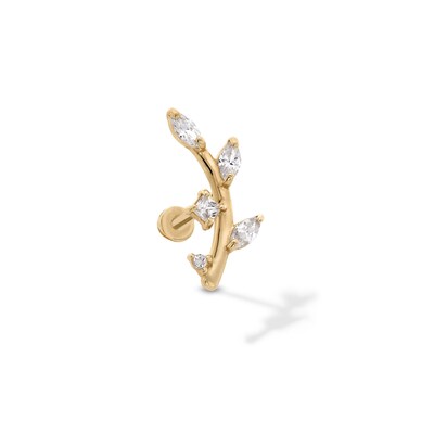 14K Hollow Gold CZ Curved Leafy Branch Stud - 18G 5/16"