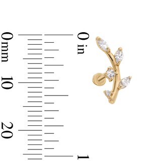 14K Hollow Gold CZ Curved Leafy Branch Stud - 18G 5/16"