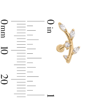 14K Hollow Gold CZ Curved Leafy Branch Stud - 18G 5/16"