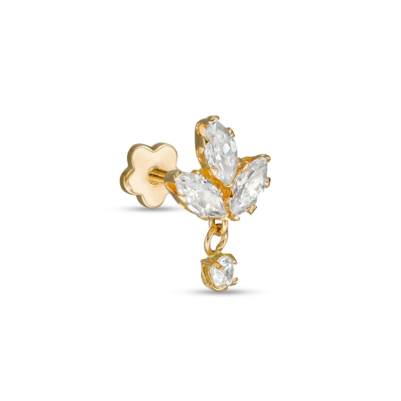 018 Gauge Marquise and Round Cubic Zirconia Tri-Leaf with Dangle Cartilage Barbell in 14K Hollow Gold - 5/16"