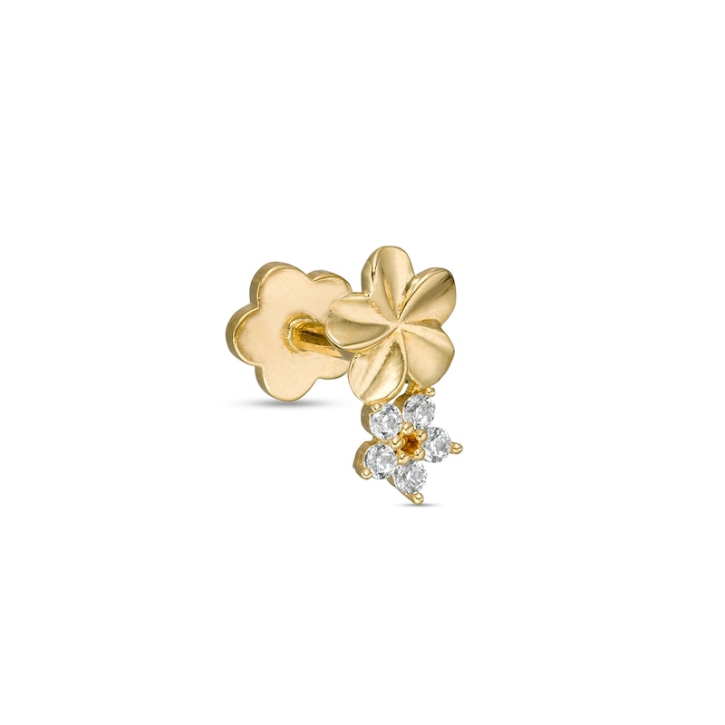 018 Gauge Cubic Zirconia Double Flower Cartilage Barbell in 14K Gold - 5/16"