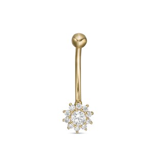 14K Gold CZ Framed Flower Curved Barbell - 16G 5/16"