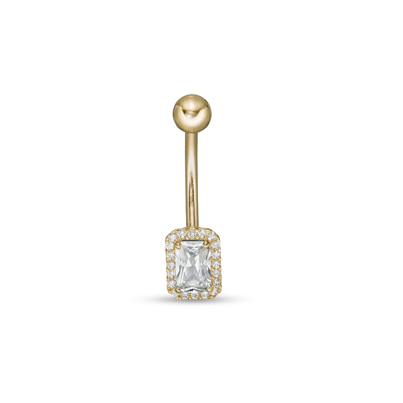 014 Gauge Emerald-Cut and Round Cubic Zirconia Frame Belly Button Ring in 10K Gold