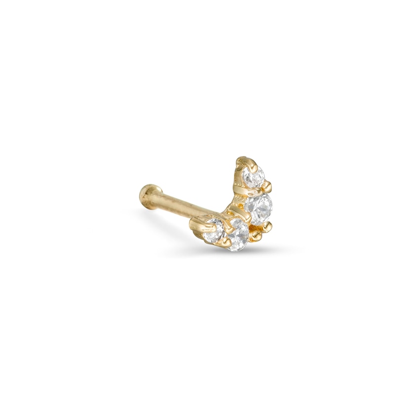 14K Solid Gold CZ Four Stone Crescent Moon Nose Stud - 20G 5/16"