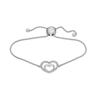 Solid Sterling Silver Diamond Accent Double Heart Bolo Bracelet - 9"