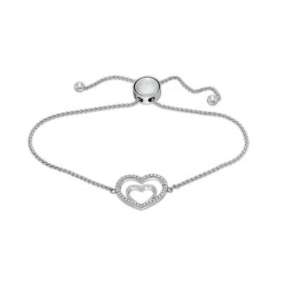 Solid Sterling Silver Diamond Accent Double Heart Bolo Bracelet - 9"