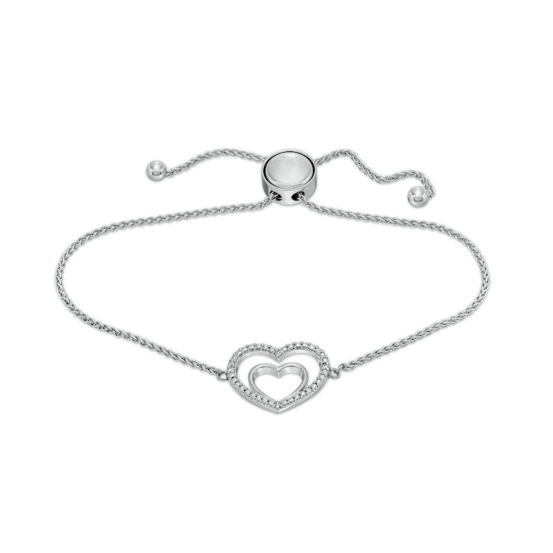 Solid Sterling Silver Diamond Accent Double Heart Bolo Bracelet - 9"