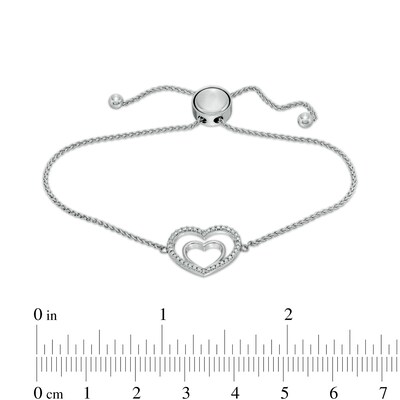 Solid Sterling Silver Diamond Accent Double Heart Bolo Bracelet - 9"