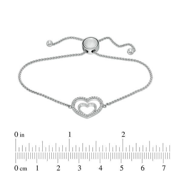 Solid Sterling Silver Diamond Accent Double Heart Bolo Bracelet - 9"