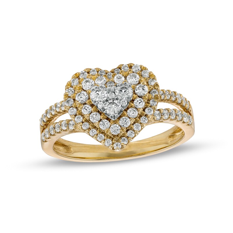 3/4 CT. T.W. Diamond Double Frame Heart Split Shank Ring in 10K Gold - Size 7