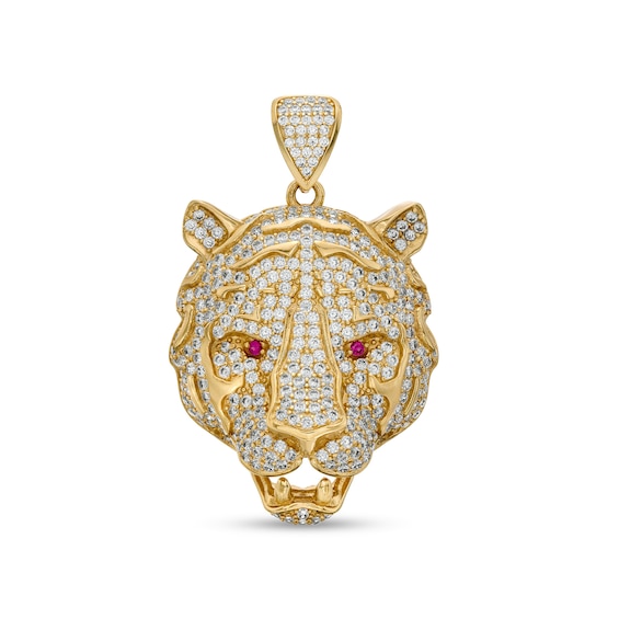 Red and White Cubic Zirconia Tiger Head Necklace Charm in 10K Gold