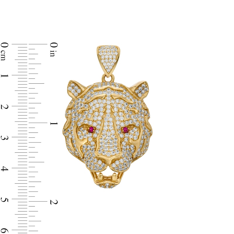 Red and White Cubic Zirconia Tiger Head Necklace Charm in 10K Gold