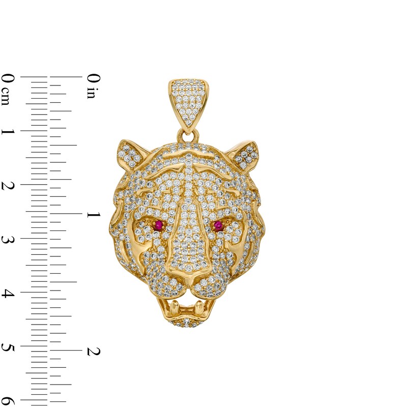 Red and White Cubic Zirconia Tiger Head Necklace Charm in 10K Gold