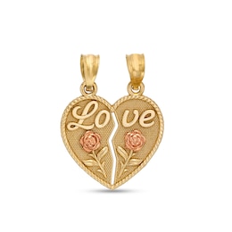 22 x 18mm &quot;Love&quot; with Double Rose Rope Frame Textured Broken Heart Two-Tone Necklace Charm in 10K Solid Gold