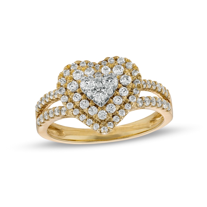 3/4 CT. T.W. Diamond Double Frame Heart Split Shank Ring in 10K Gold ...