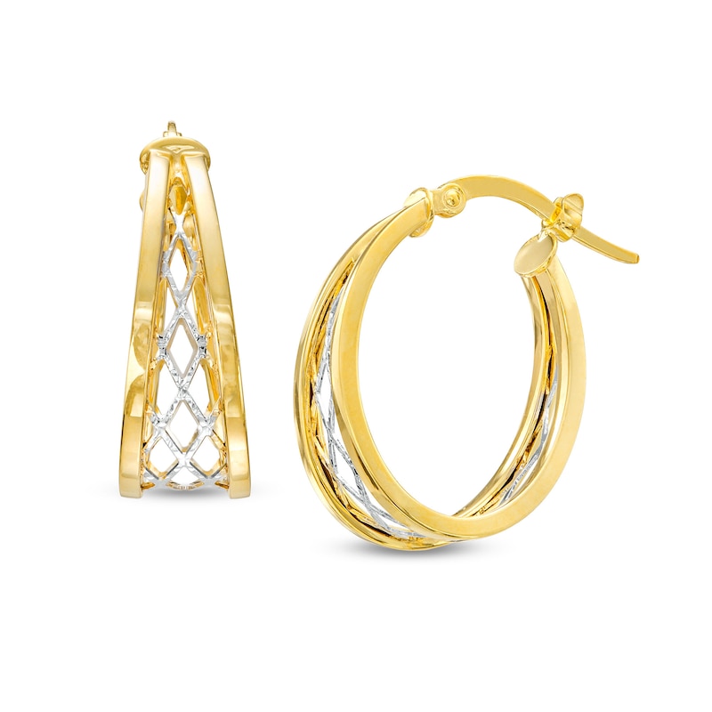 10K Gold Diamond-Cut Split Lattice Two-Tone Hoops