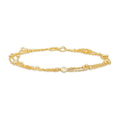 3.5mm Cubic Zirconia Beaded Five Stone Triple Strand Station Bracelet in 10K Gold - 8.0"