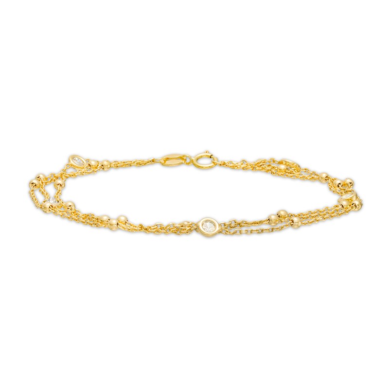 3.5mm Cubic Zirconia Beaded Five Stone Triple Strand Station Bracelet in 10K Gold - 8.0"