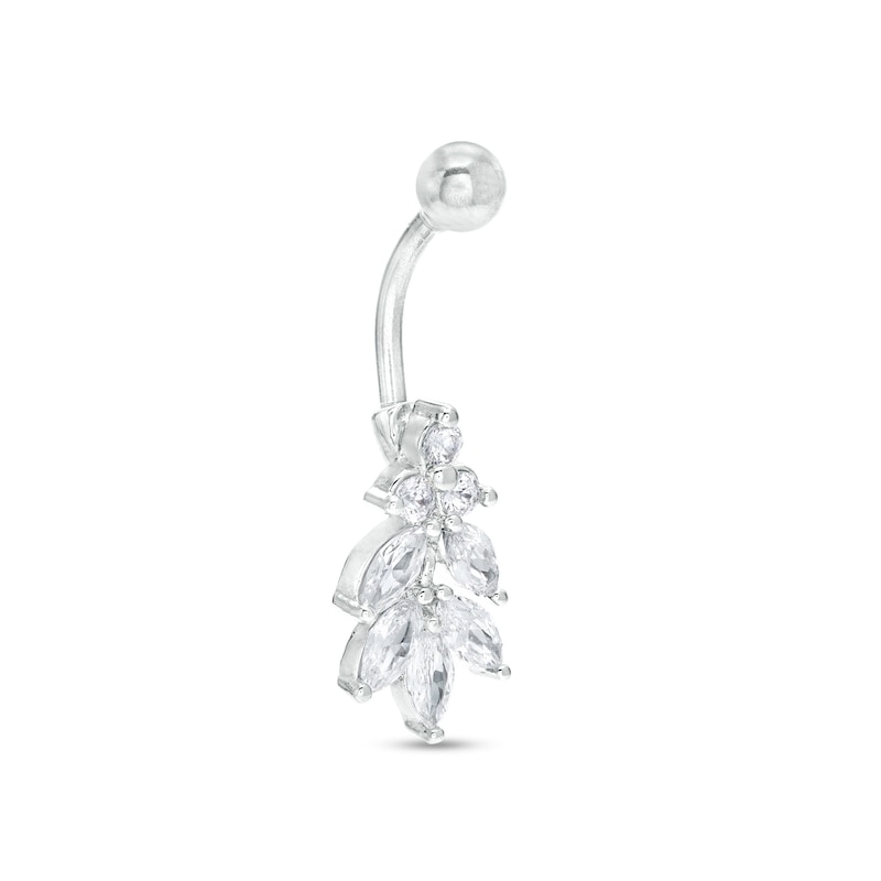 Stainless Steel CZ Marquise and Round Dangle Belly Button Ring - 14G 3/8"