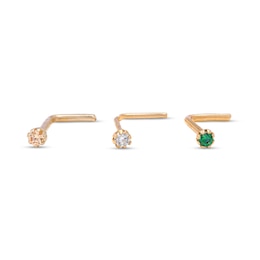 020 Gauge 0.5mm Green, Champagne and White Cubic Zirconia Three Piece L-Shape Nose Stud Set in 14K Gold