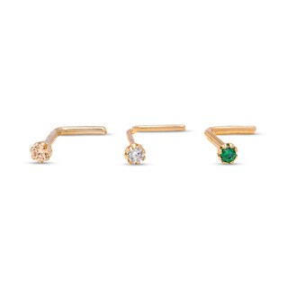 14K Gold CZ Green, Champagne and White L-Shape Nose Stud Set - 20G