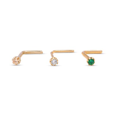 14K Gold CZ Green, Champagne and White L-Shape Nose Stud Set - 20G