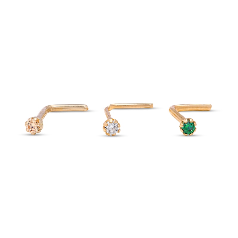 14K Gold CZ Green, Champagne and White L-Shape Nose Stud Set - 20G