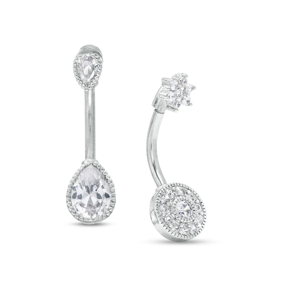 Stainless Steel CZ Pear-Shaped and Round Frame Belly Button Ring Set - 14G