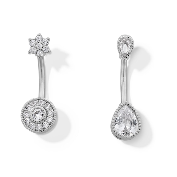 Stainless Steel CZ Pear-Shaped and Round Frame Belly Button Ring Set - 14G