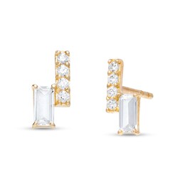 Baguette and Round Cubic Zirconia Double Bar Stud Earrings in 10K Gold