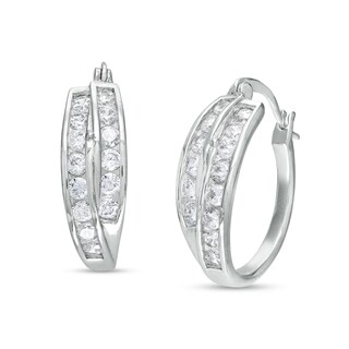 Cubic Zirconia Double Row Hoop Earrings in Solid Sterling Silver