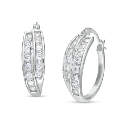 Cubic Zirconia Double Row Hoop Earrings in Solid Sterling Silver
