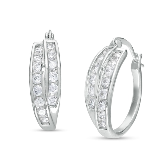 Cubic Zirconia Double Row Hoop Earrings in Solid Sterling Silver