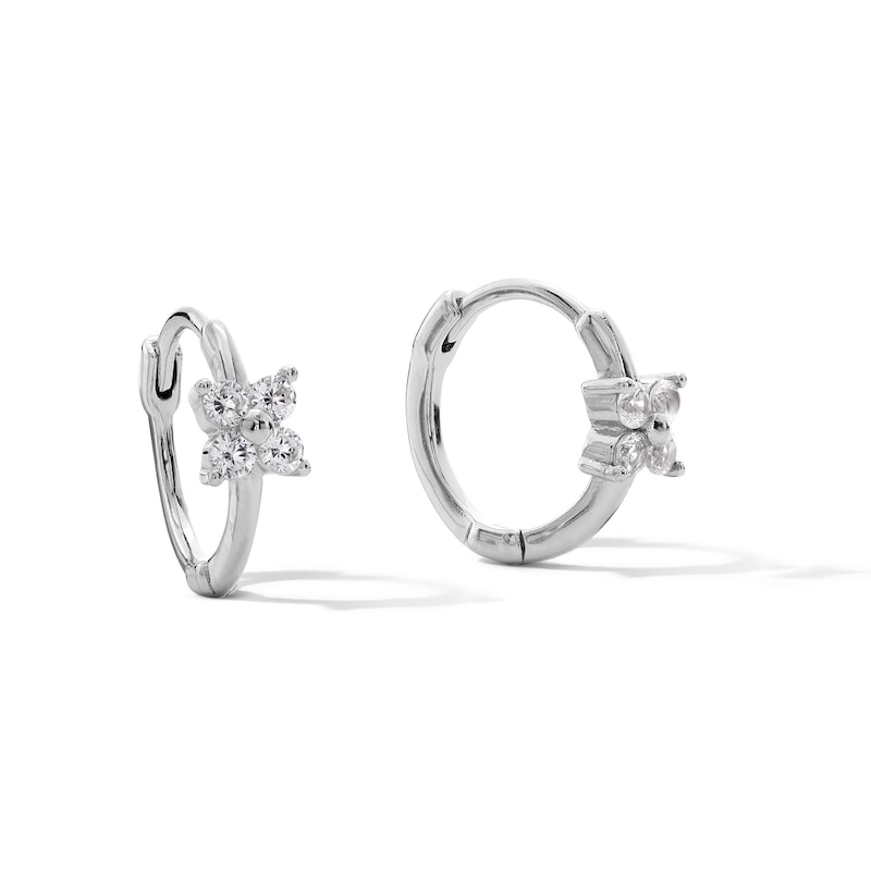 Cubic Zirconia Flower Huggie Hoop Earrings in Sterling Silver