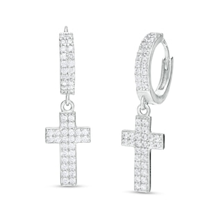 Cubic Zirconia Double Row Cross Drop Earrings in Sterling Silver