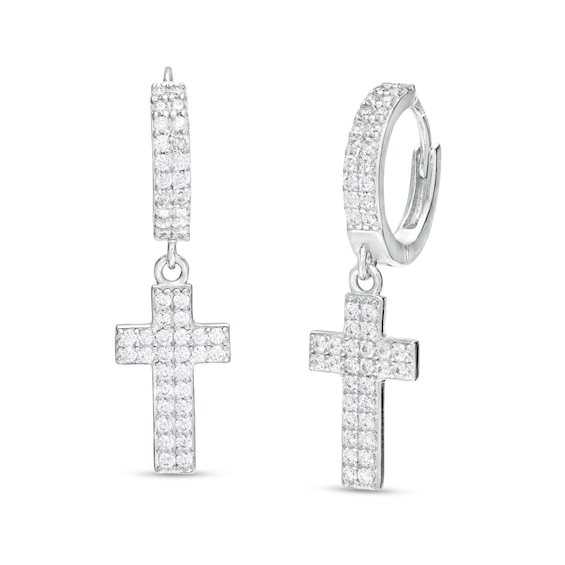 Cubic Zirconia Double Row Cross Drop Earrings in Sterling Silver