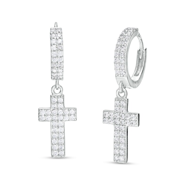 Cubic Zirconia Double Row Cross Drop Earrings in Sterling Silver